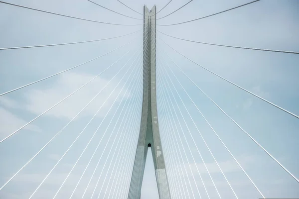 Most Wieża Słońcu Tłem Pobyt Kabli — Zdjęcie stockowe