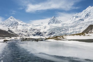 Tibet 'teki Sapu kutsal dağı, kar dağı ve buzul manzarası, Bon dininin kutsal dağlarından biri, Biru ilçesi, Nagqu bölgesi, Tibet özerk bölgesi, Çin.