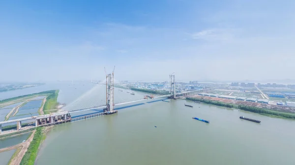 Ponte Cabo Estada Construção Rio Yangtze Ponte Ferroviária Alta Velocidade — Fotografia de Stock