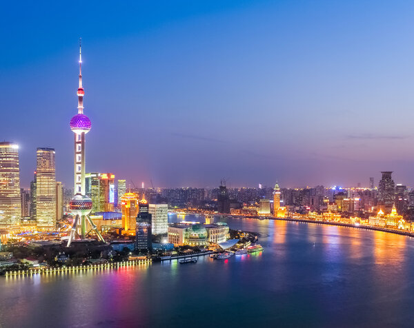 aerial view of huangpu river in nightfall