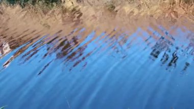 Su deposundaki suyun yüzeyinde küçük dalgalanmalar ve mavi gökyüzünün yansıması.