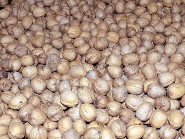 Bir marketin tezgahında olgun ceviz yığını.