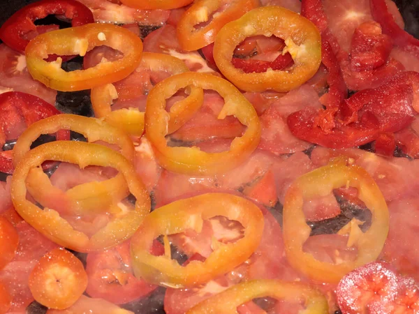 Process Cooking Roasted Peppers Hot Pan — Stock Photo, Image