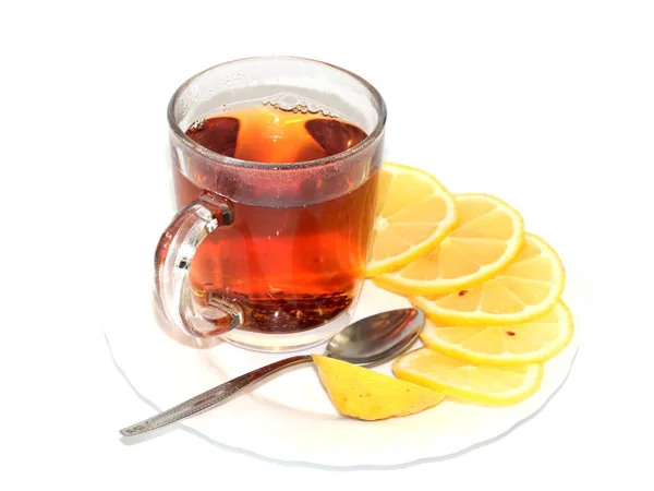 Tasse Verre Avec Thé Noir Tranches Citron Frais — Photo