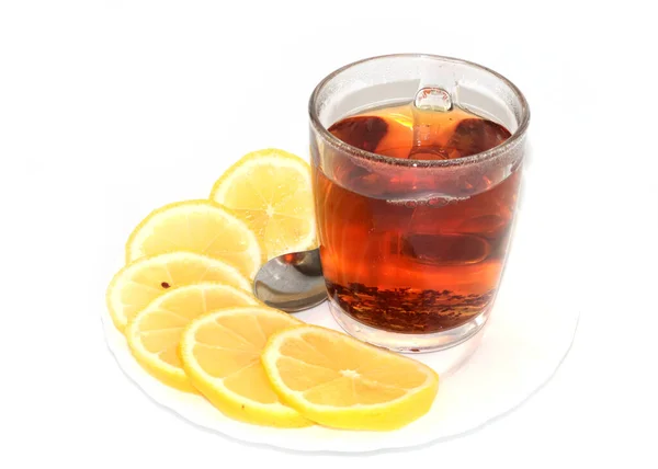 Стеклянная Чашка Черным Чаем Свежими Ломтиками Лимона — стоковое фото