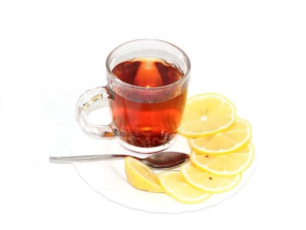 Glas Mit Schwarzem Tee Und Frischen Zitronenscheiben — Stockfoto