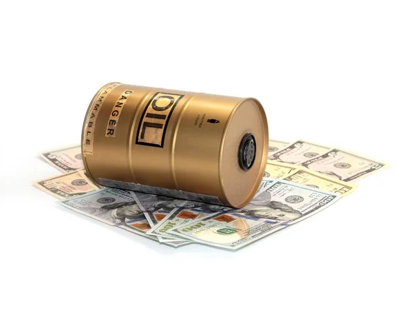 Ein Barrel Rohöl Und Ein Stapel Papierscheine Amerikanische Dollars — Stockfoto