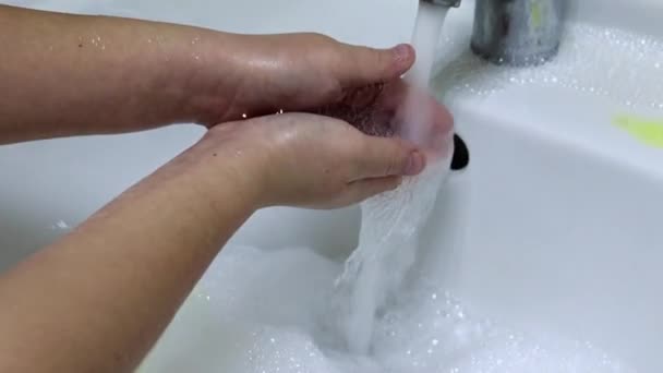 Man Washes His Hands Running Clean Water — Stock Video