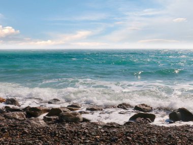Dalgalı deniz manzarası ve kumlu plaj