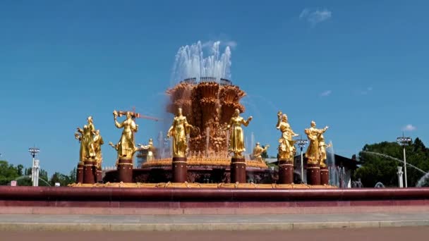 从俄罗斯莫斯科Vdnh公园安装的Druzhba Narodov喷泉喷出透明的水 — 图库视频影像