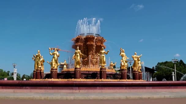 Jetstrålar Klart Transparent Vatten Från Druzhba Narodov Fontän Installerad Vdnh — Stockvideo