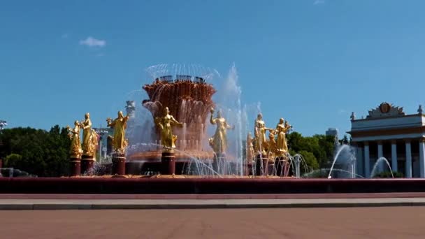 Strumienie Przejrzystej Wody Fontanny Drużba Narodov Zainstalowany Vdnh Park Moskwa — Wideo stockowe