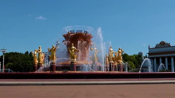 Vdnh公園に設置されたDruzba Narodov噴水からの透明な水のジェット モスクワロシア — ストック動画