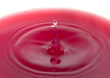 Parlak kırmızı kan damlaları sıvının yüzeyine düşer.