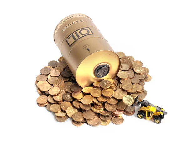 Tractor Pours Metal Coins Barrel Oil — Stock Photo, Image
