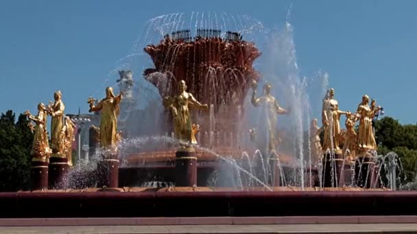 Goldene Statuen Klaren Wasser Des Druschba Narodow Brunnens Wdnkh Park — Stockvideo