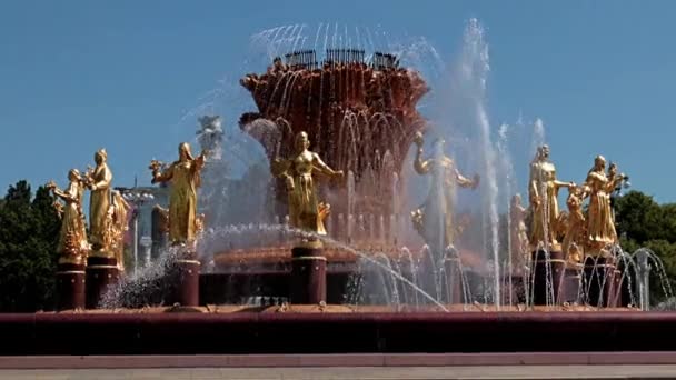 Statue Oro Nei Ruscelli Acqua Limpida Della Fontana Druzhba Narodov — Video Stock