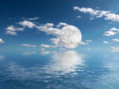 Sakin bir denizin yüzeyinde bulutlu bir gökyüzünün yansıması