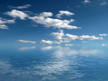 Sakin bir denizin yüzeyinde bulutlu bir gökyüzünün yansıması