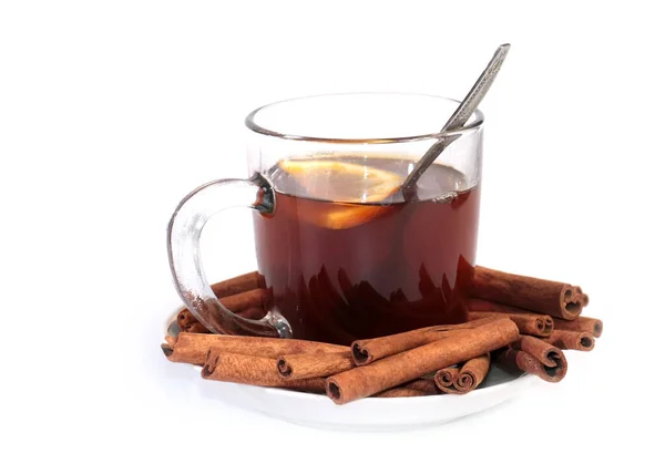 Cup Black Tea Bunch Aromatic Cinnamon Sticks — Stock Photo, Image