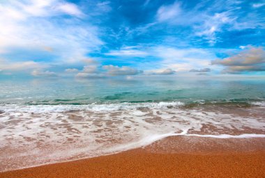 Güneşli gökyüzünün altında tatil yeri olarak güzel bir sahil.