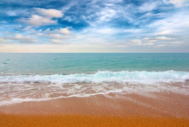 Güneşli gökyüzünün altında tatil yeri olarak güzel bir sahil.