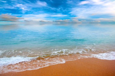 Güneşli gökyüzünün altında tatil yeri olarak güzel bir sahil.