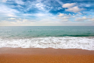 Güneşli gökyüzünün altında tatil yeri olarak güzel bir sahil.
