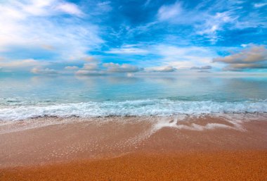 Güneşli gökyüzünün altında tatil yeri olarak güzel bir sahil.