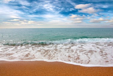 Güneşli gökyüzünün altında tatil yeri olarak güzel bir sahil.