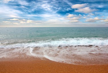 Güneşli gökyüzünün altında tatil yeri olarak güzel bir sahil.