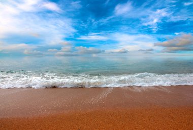 Güneşli gökyüzünün altında tatil yeri olarak güzel bir sahil.