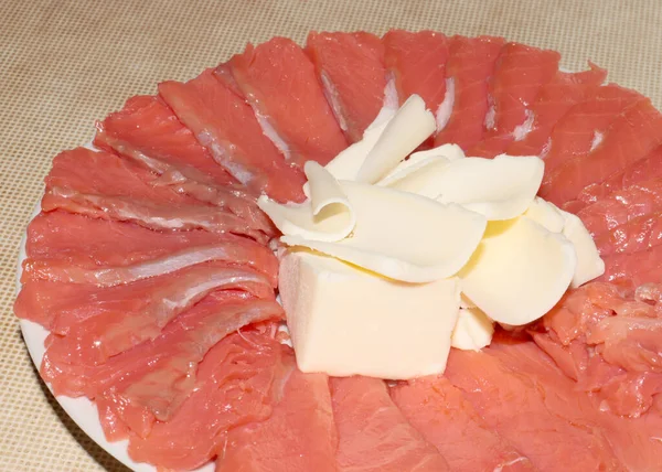 Fette Pesce Rosso Salato Una Parte Burro Piatto — Foto Stock