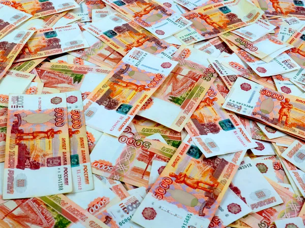 Egy Halom Ötezredik Papír Számlák Orosz Rubel Elemeként Ország Kereskedelmi — Stock Fotó