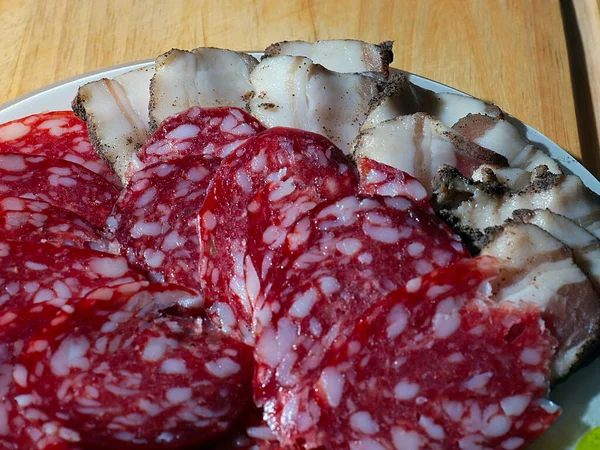 Chopped Slices Raw Sausage Slices Fresh Lard — Stock Photo, Image