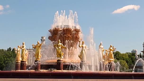 Puhtaat Vesisuihkut Druzhba Narodov Suihkulähteellä Moskovan Kaupungin Puistossa Venäjä — kuvapankkivideo