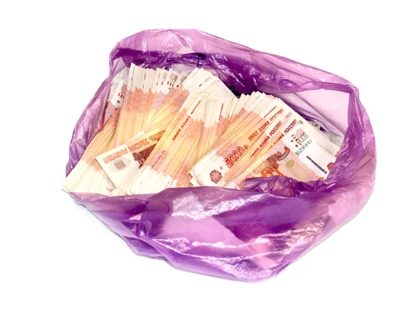 Una Gran Bolsa Plástico Llena Cinco Mil Billetes Del Rublo — Foto de Stock