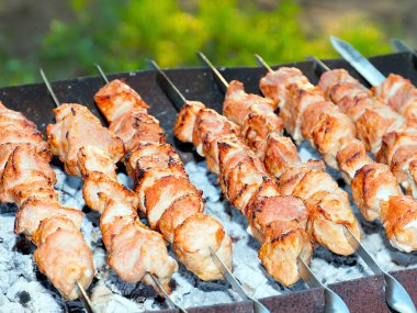 Izgaradaki şişte kızarmış et pişirme işlemi.