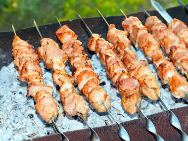 Izgaradaki şişte kızarmış et pişirme işlemi.