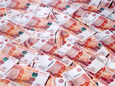 Ticaret ekonomisinin bir parçası olarak Rus rublesi, beş bininci kağıt yığını.