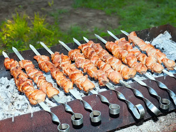 Izgaradaki şişte kızarmış et pişirme işlemi.