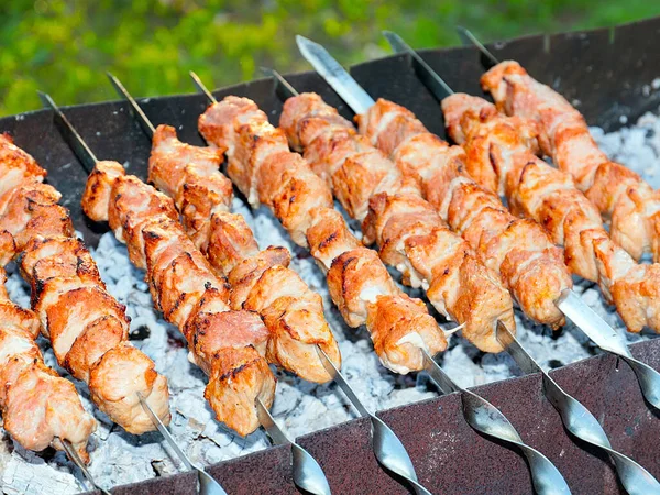 Proceso Cocción Carne Frita Pinchos Parrilla — Foto de Stock