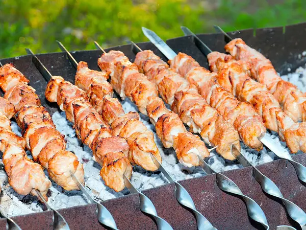 Processo Cottura Della Carne Fritta Sugli Spiedini Alla Griglia — Foto Stock