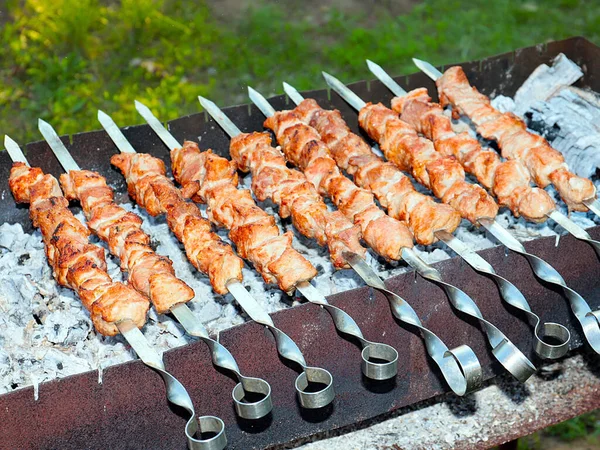 Proceso Cocción Carne Frita Pinchos Parrilla — Foto de Stock