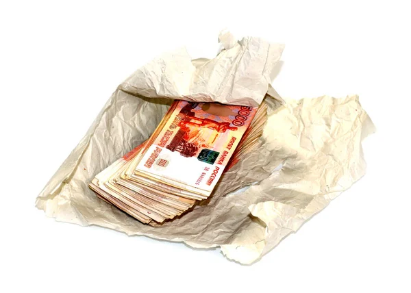 Una Pila Cinco Milésimas Billetes Rublos Rusos Encuentran Papel Embalaje — Foto de Stock