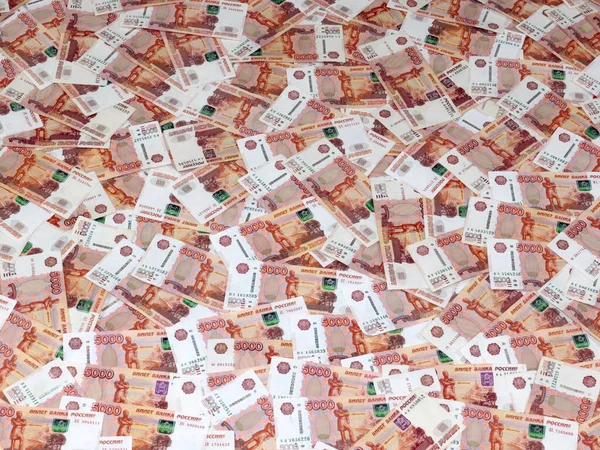 Una Pila Cinco Mil Billetes Papel Rublos Rusos Como Parte — Foto de Stock