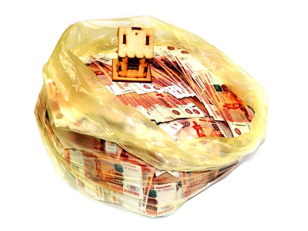 Garbage Bag Full Paper Bills Five Thousand Rubles Element Accumulation — Stock Photo, Image