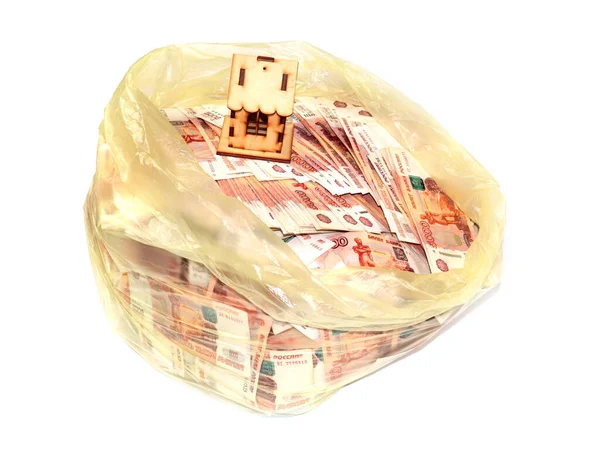 Saco Lixo Cheio Notas Papel Cinco Mil Rublos Como Elemento — Fotografia de Stock