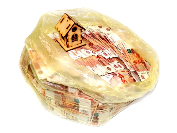 Bolsa Basura Llena Billetes Papel Cinco Mil Rublos Como Elemento — Foto de Stock