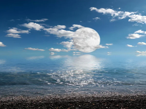 Luna Enorme Cielo Que Fija Sobre Playa Del Mar Arenoso — Foto de Stock